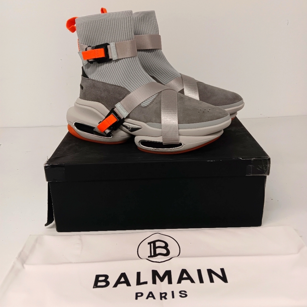 Balmain Men's B Bold Strap Knit & Suede High-Top Sneakers - Grey/Orange